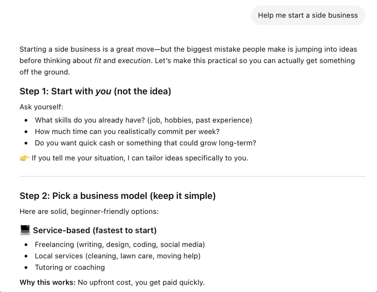 A generic AI chat answer: a numbered five-step plan for starting a business
